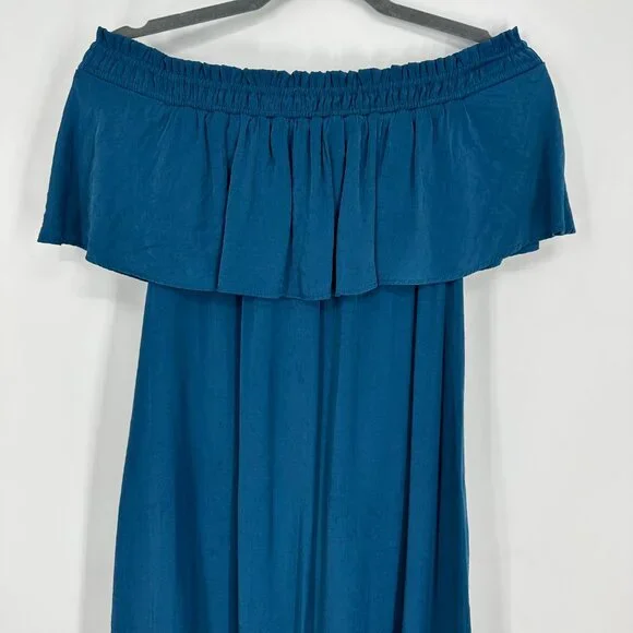 3/$25 LOFT Beach Maxi Dress S Off Shoulder Tiered Silky Flowy Ruffle Teal Long - Picture 3 of 8